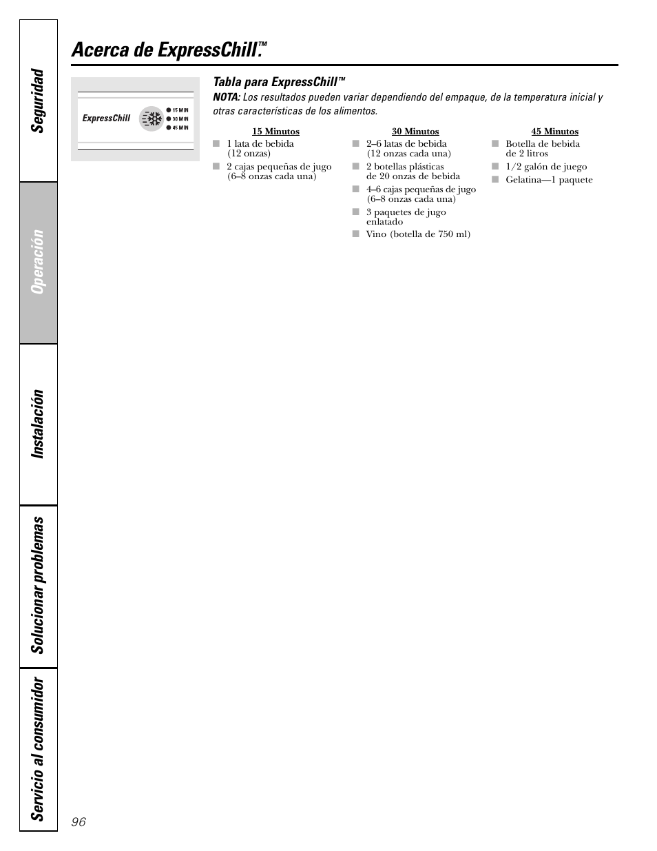 Acerca de expresschill | GE Monogram 22 User Manual | Page 96 / 132