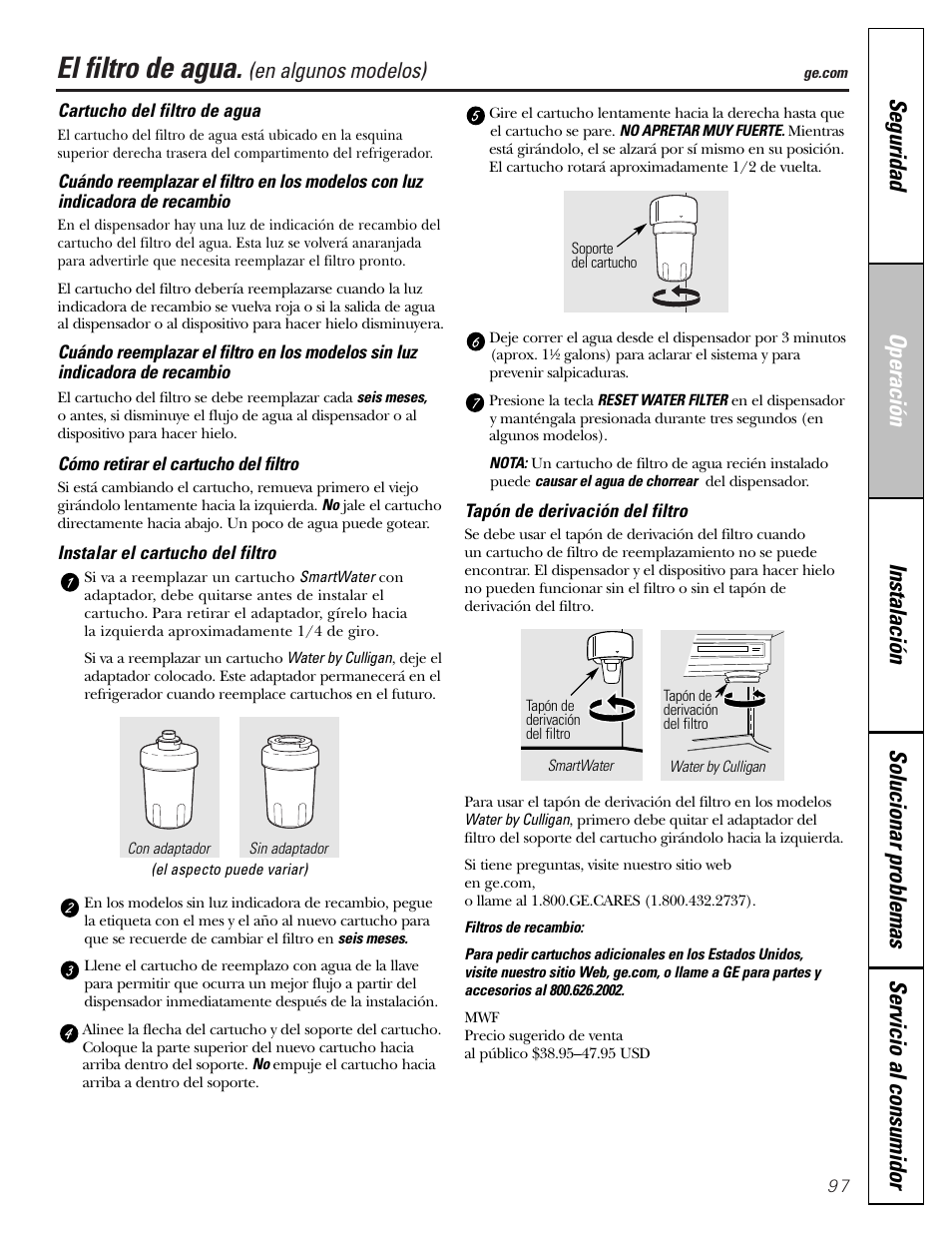 El filtro de agua, En algunos modelos) | GE Monogram 22 User Manual | Page 97 / 132