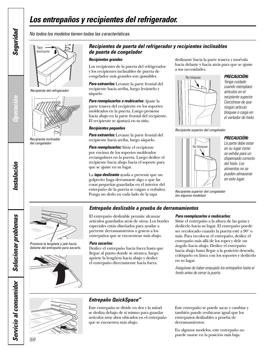 Los entrepaños y recipientes del refrigerador, Los entrepaños y recipientes del refrigerador , 99 | GE Monogram 22 User Manual | Page 98 / 132