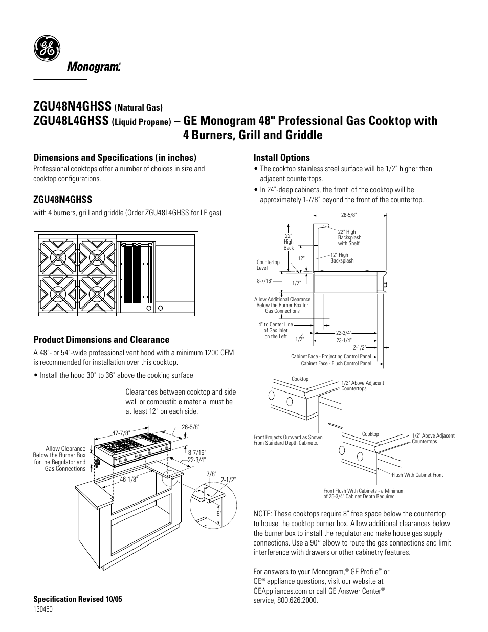 GE Monogram ZGU48N4GHSS User Manual | 3 pages