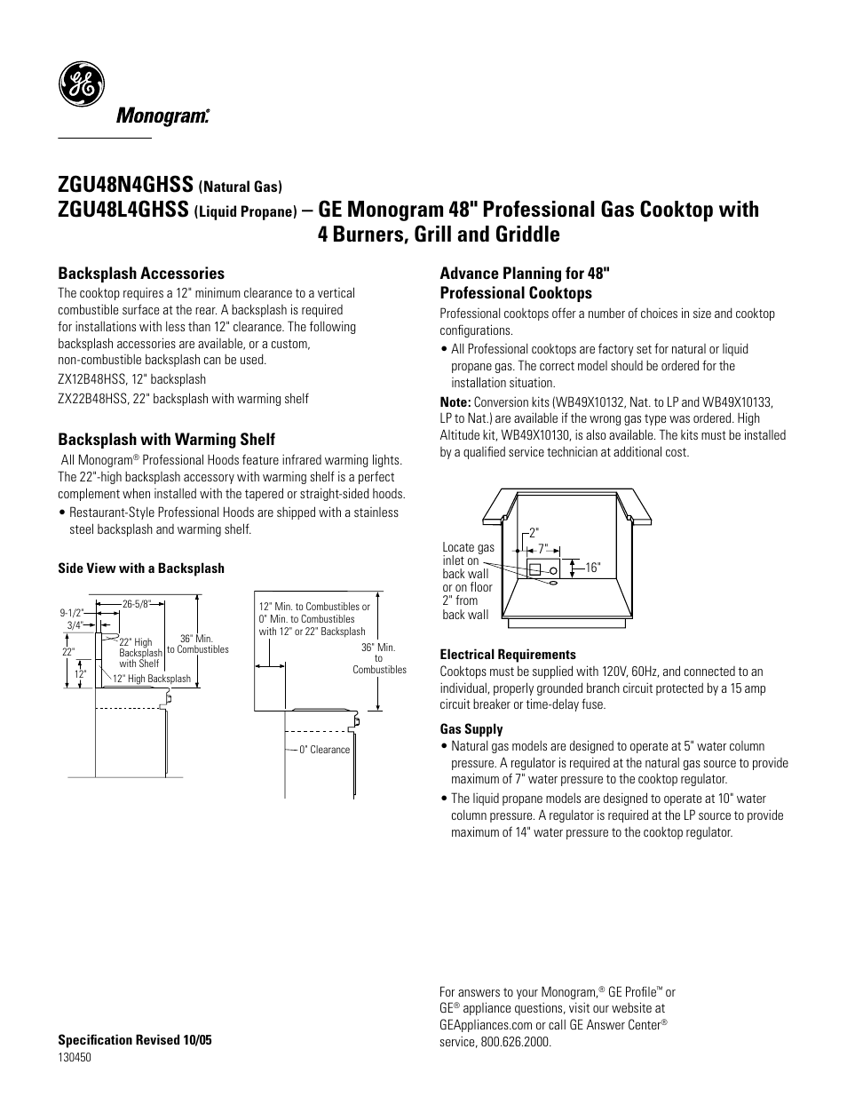 Zgu48n4ghss, Zgu48l4ghss | GE Monogram ZGU48N4GHSS User Manual | Page 2 / 3