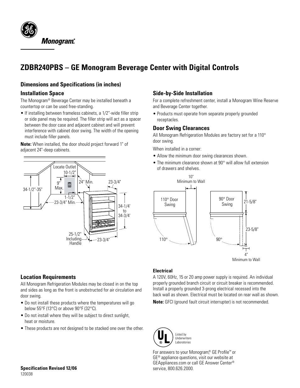 GE Monogram ZDBR240PBS User Manual | 2 pages