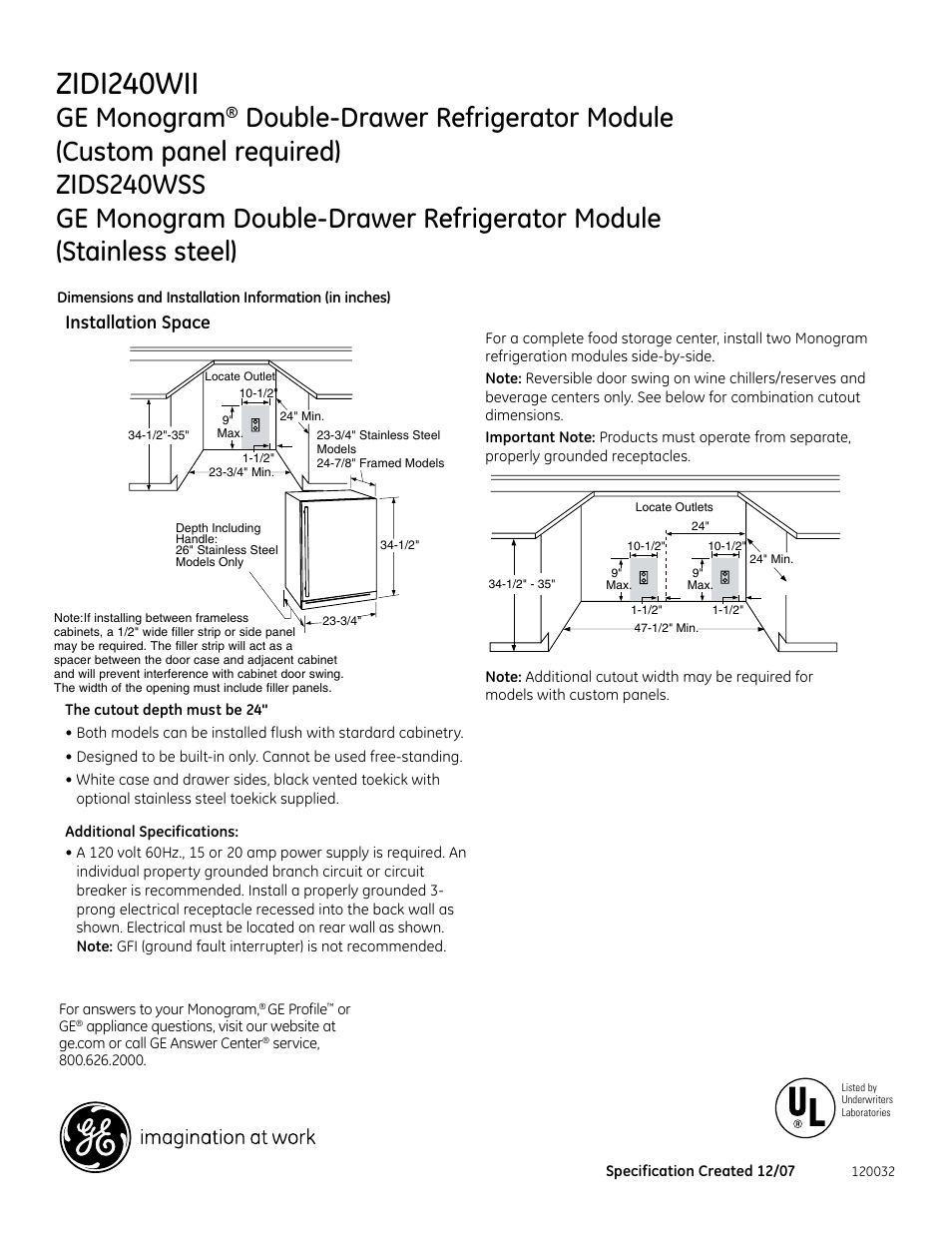 GE Monogram ZIDI240WII User Manual | 3 pages