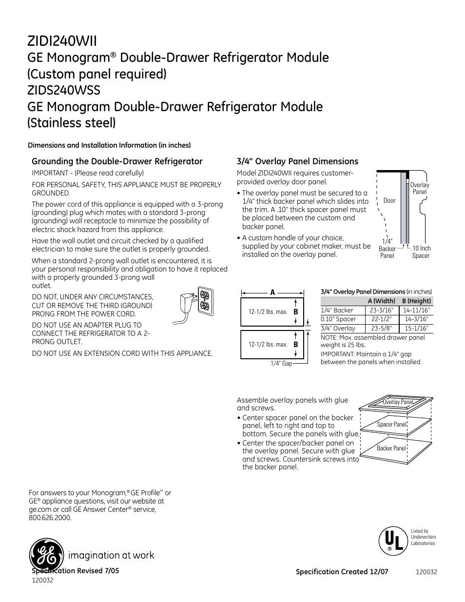 Zidi240wii, Ge monogram | GE Monogram ZIDI240WII User Manual | Page 2 / 3