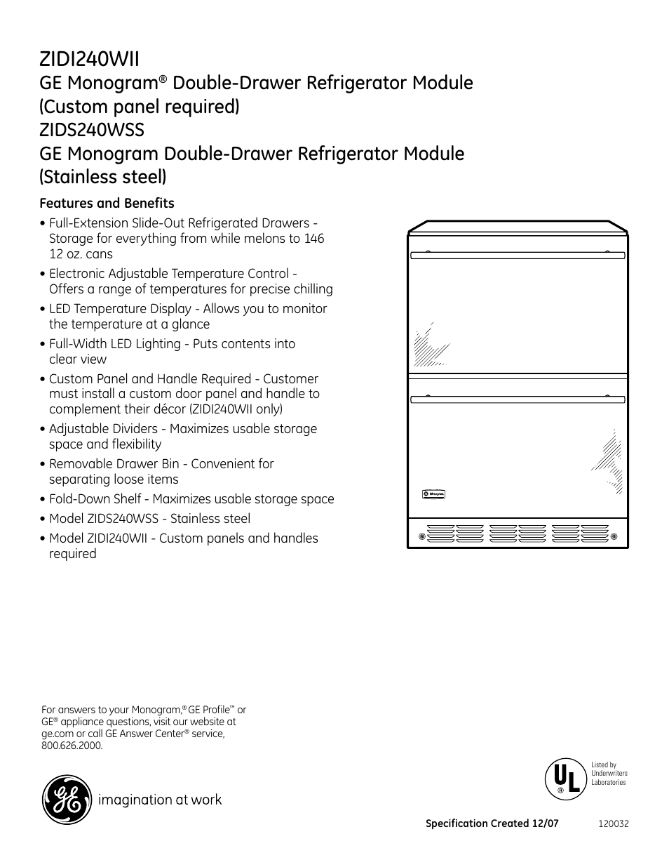 Zidi240wii, Ge monogram, Zids240pss head on | GE Monogram ZIDI240WII User Manual | Page 3 / 3
