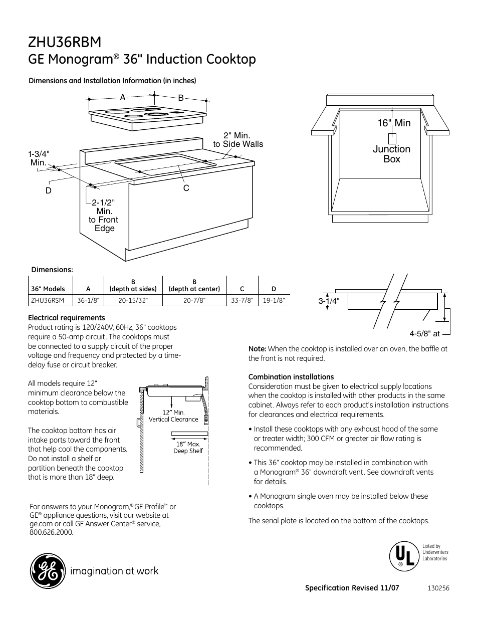 GE Monogram ZHU36RBM User Manual | 2 pages