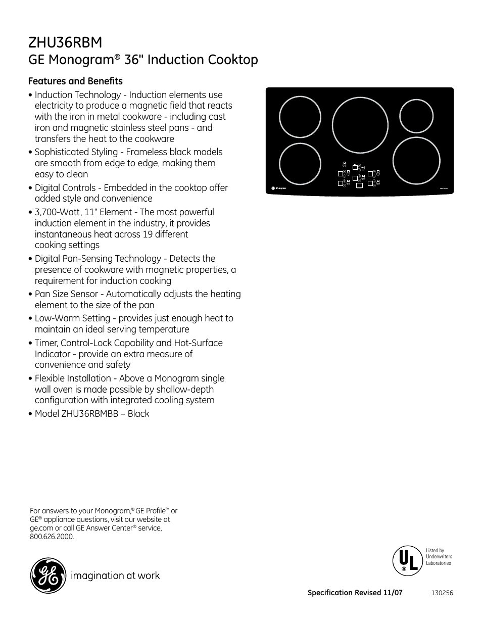 Zhu36rbm, Ge monogram, 36" induction cooktop | GE Monogram ZHU36RBM User Manual | Page 2 / 2