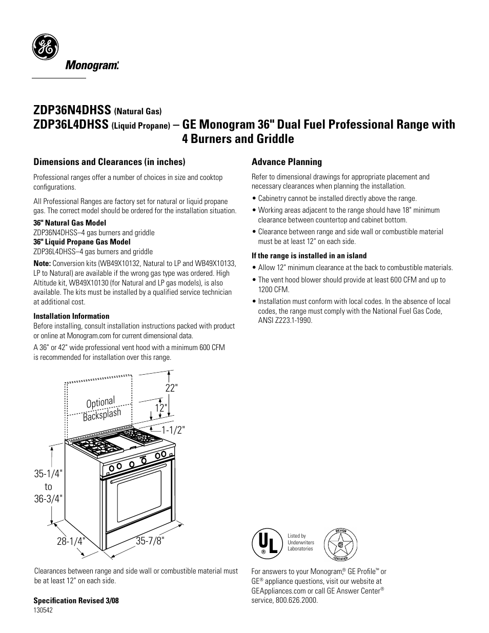 GE Monogram ZDP3614DHSS User Manual | 3 pages