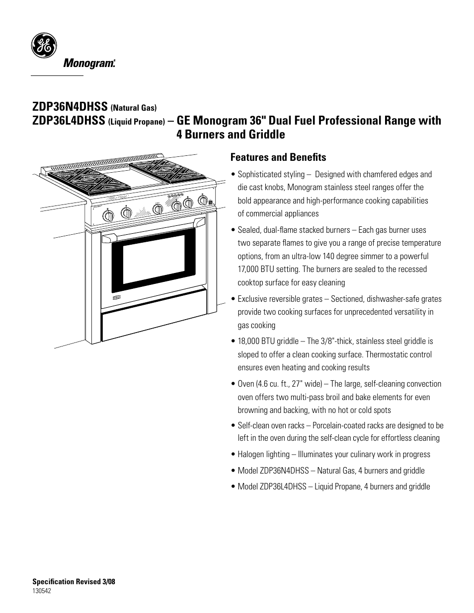 Zdp36n4dhss, Zdp36l4dhss, Features and benefits | GE Monogram ZDP3614DHSS User Manual | Page 3 / 3