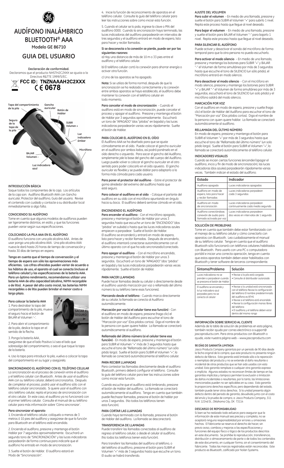Audífono inalámbrico bluetooth, Guia del usuario | GE Monogram 86710 User Manual | Page 2 / 2
