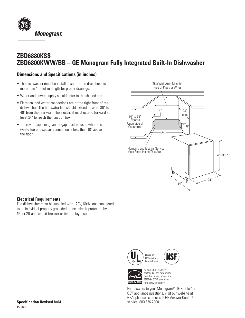 GE Monogram ZBD6800KWW User Manual | 2 pages