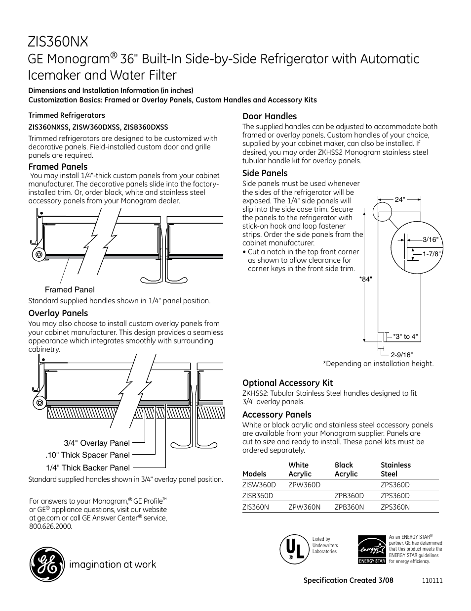 Zis360nx, Ge monogram | GE Monogram ZIS360NX User Manual | Page 2 / 6