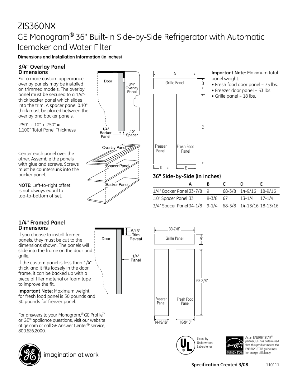 Zis360nx, Ge monogram | GE Monogram ZIS360NX User Manual | Page 3 / 6