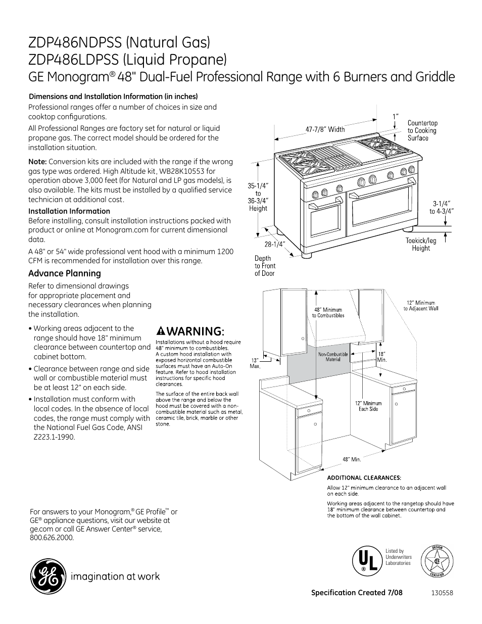 GE Monogram ZDP486LDPSS User Manual | 3 pages