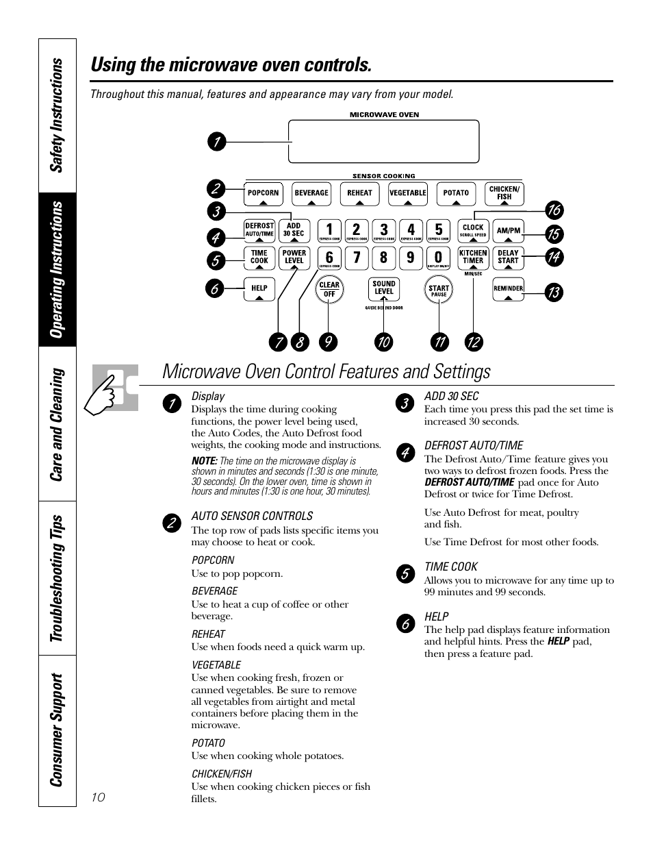 Microwave control panel, Microwave oven controls, Using the microwave oven controls | Microwave oven control features and settings | GE Monogram JT965 User Manual | Page 10 / 52