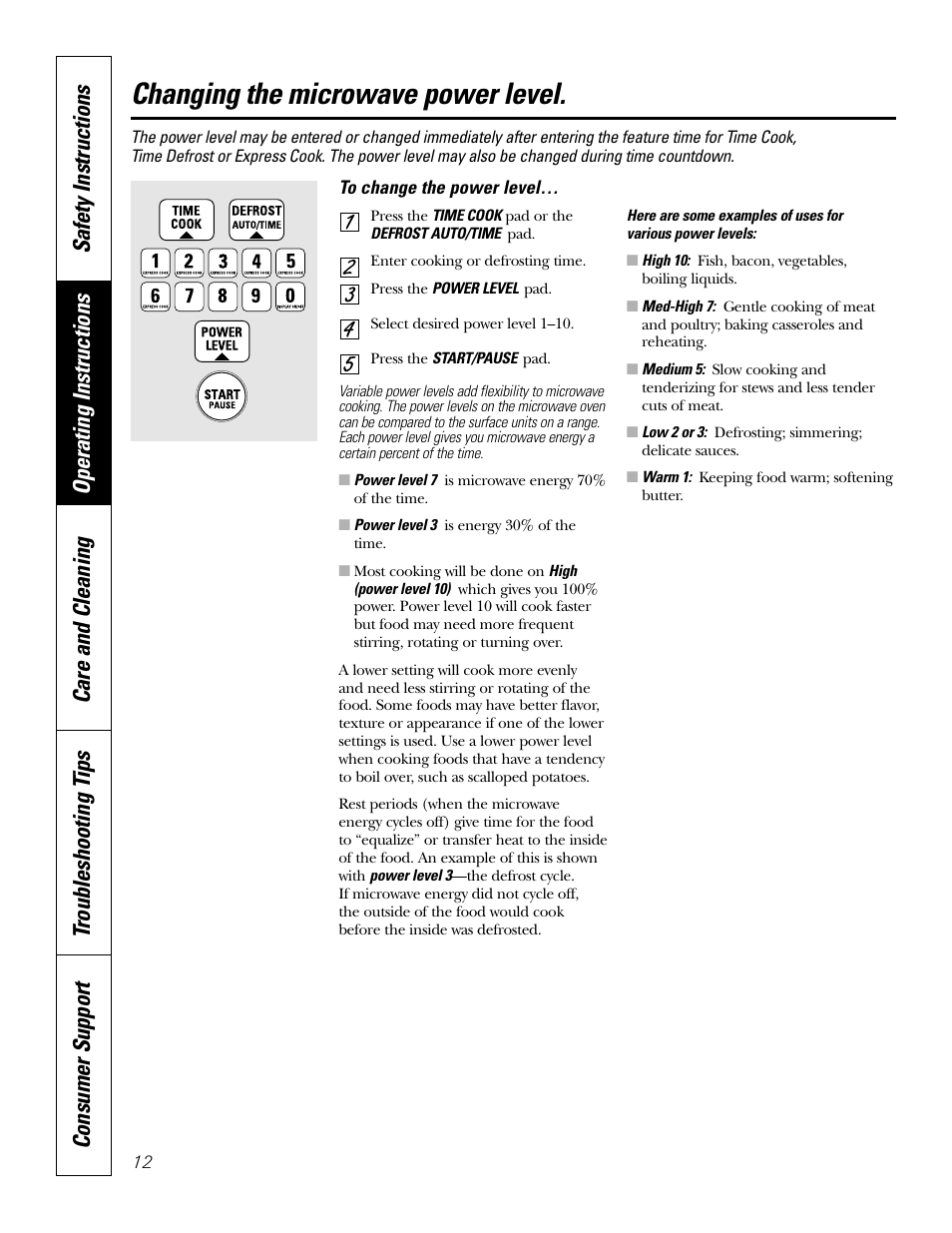 Changing the microwave power level | GE Monogram JT965 User Manual | Page 12 / 52