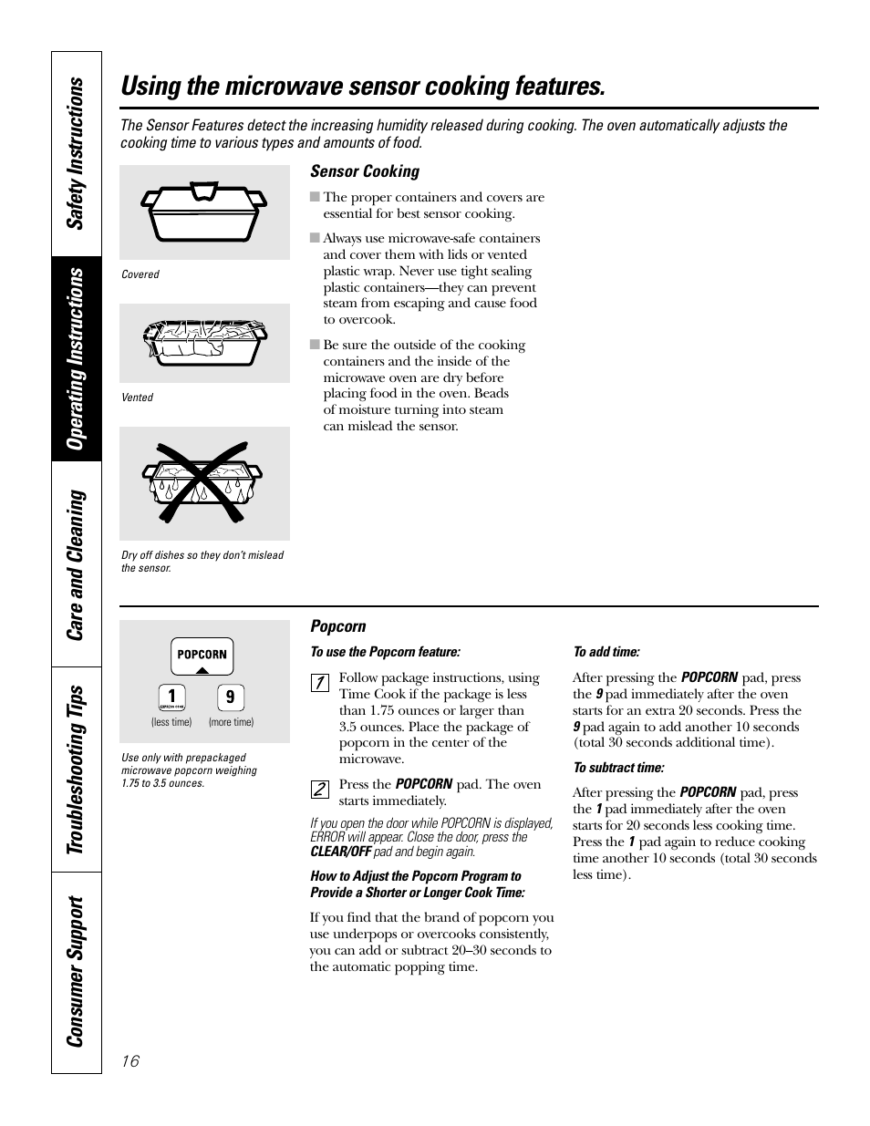 Sensor controls, Sensor controls –18, Using the microwave sensor cooking features | GE Monogram JT965 User Manual | Page 16 / 52