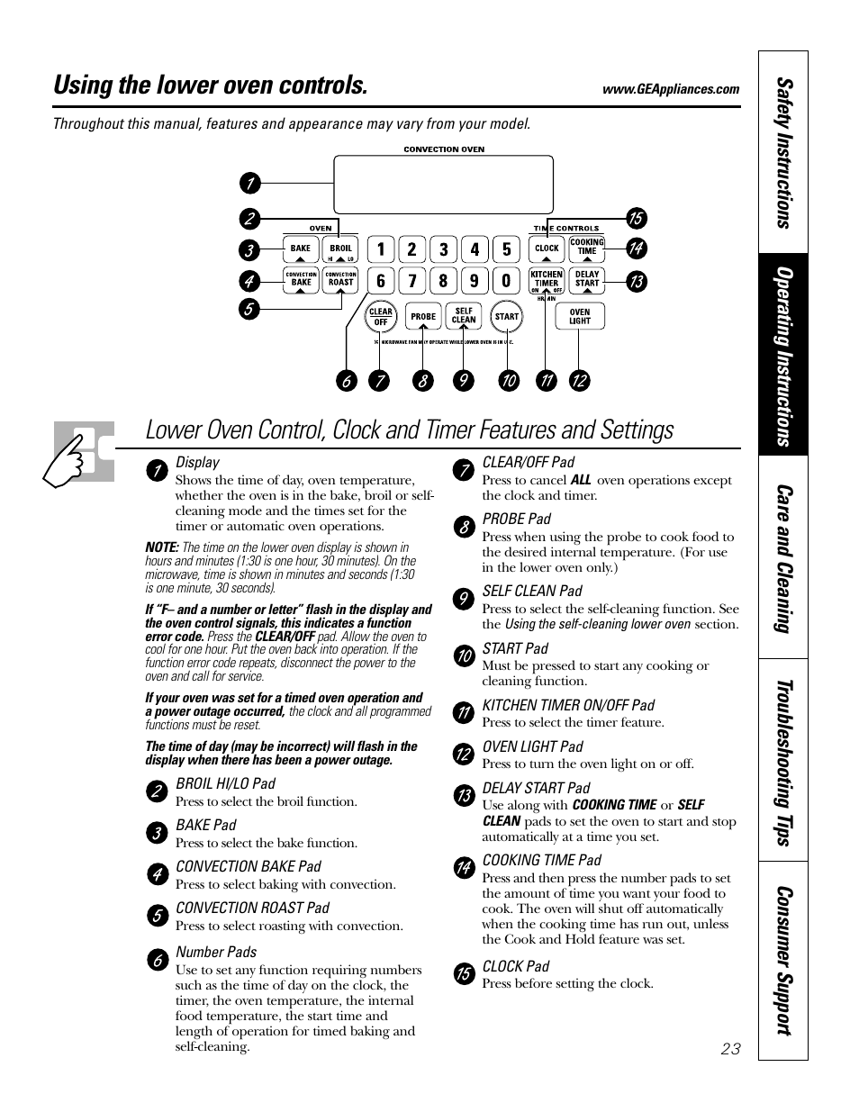 Lower oven control panel, Lower oven controls, Lower oven control panel lower oven controls –38 | Using the lower oven controls | GE Monogram JT965 User Manual | Page 23 / 52