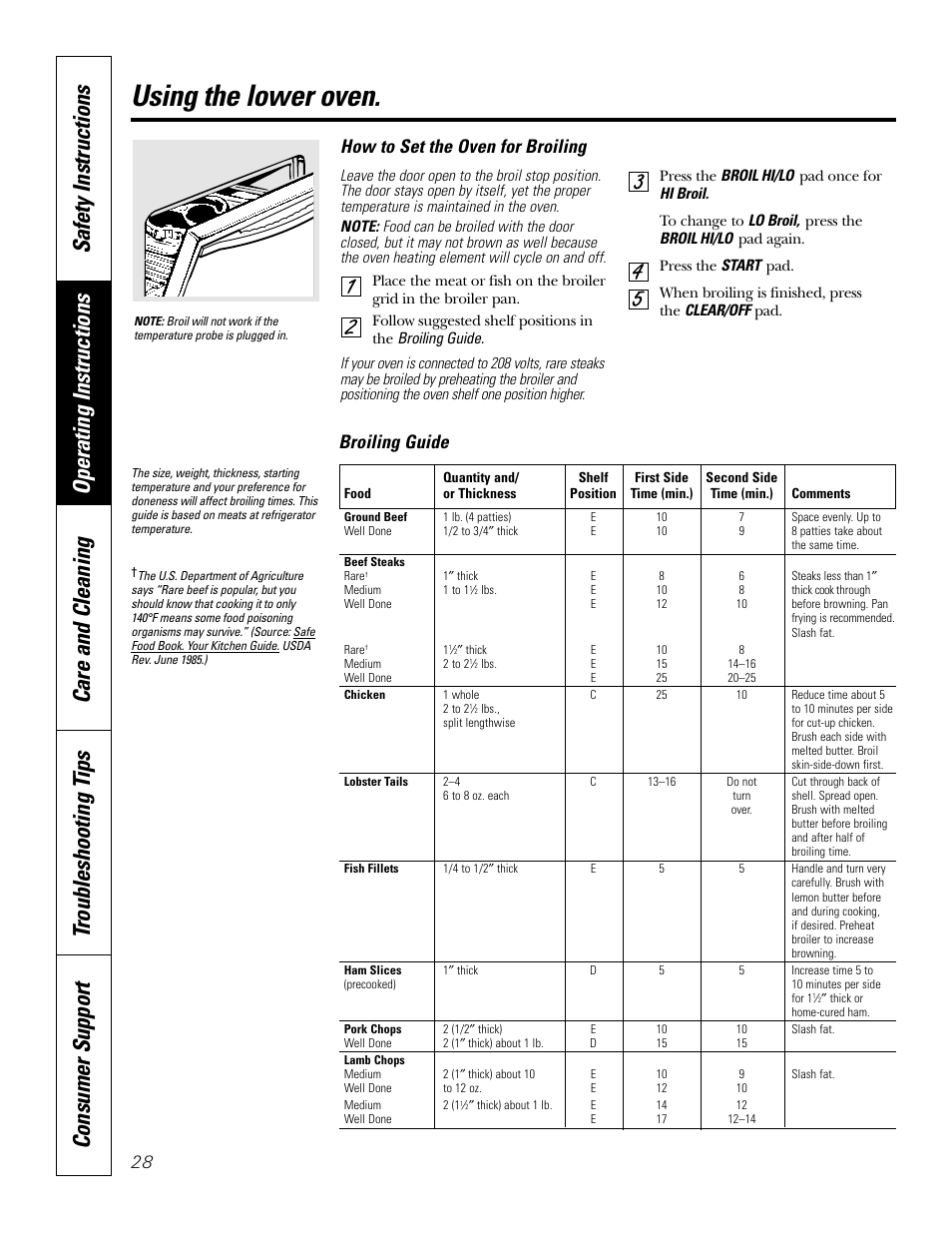 Using the lower oven, How to set the oven for broiling, Broiling guide | GE Monogram JT965 User Manual | Page 28 / 52