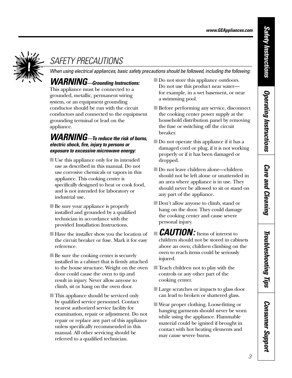 Warning, Caution, Safety precautions | GE Monogram JT965 User Manual | Page 3 / 52