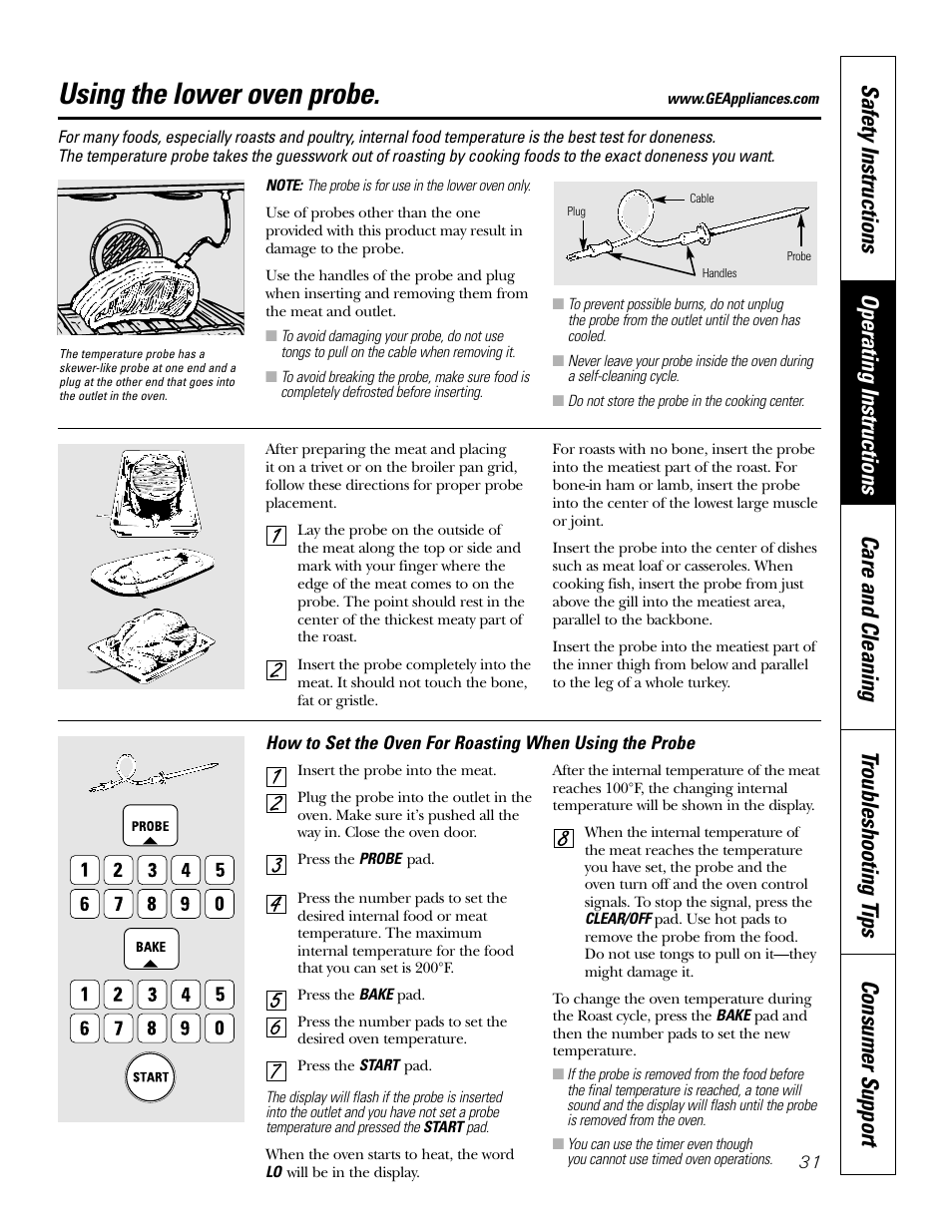 Probe, Probe , 34, Using the lower oven probe | GE Monogram JT965 User Manual | Page 31 / 52