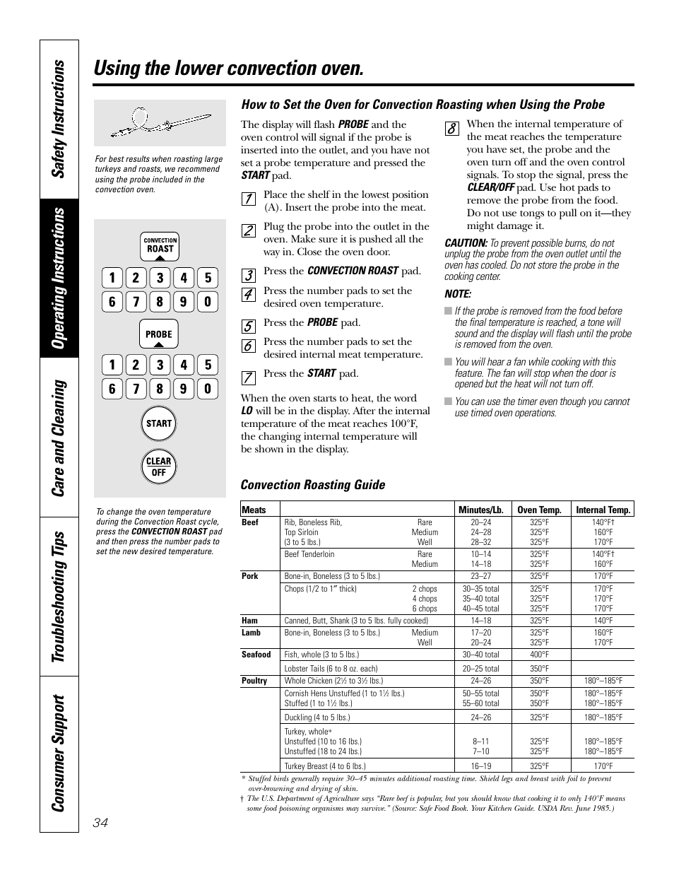 Using the lower convection oven, Convection roasting guide | GE Monogram JT965 User Manual | Page 34 / 52