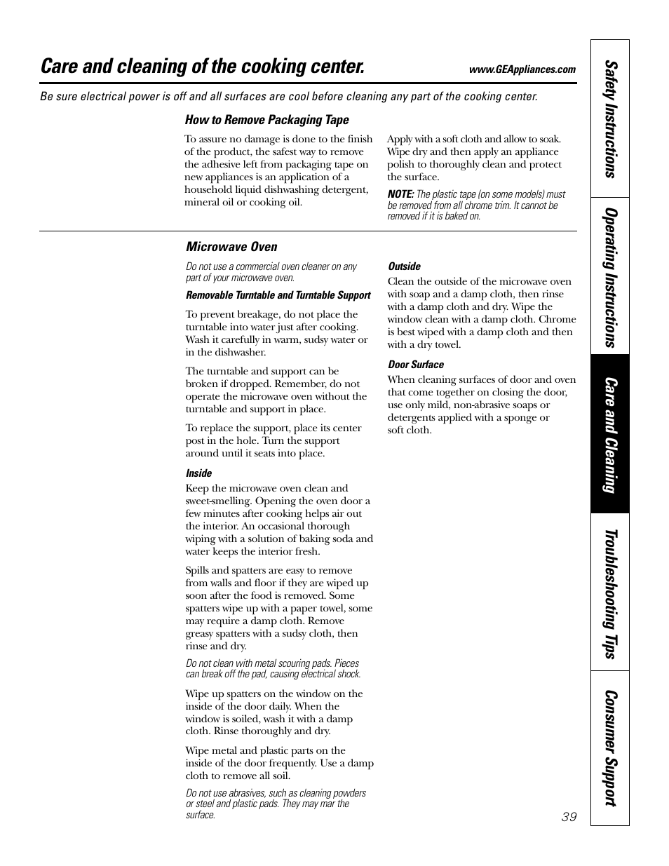 Microwave oven, Care and cleaning of the cooking center | GE Monogram JT965 User Manual | Page 39 / 52