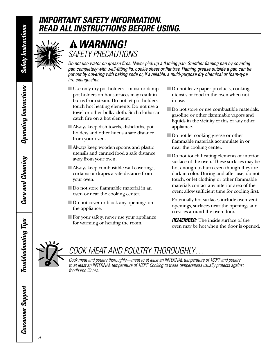 Warning, Safety precautions, Cook meat and poultry thoroughly | GE Monogram JT965 User Manual | Page 4 / 52