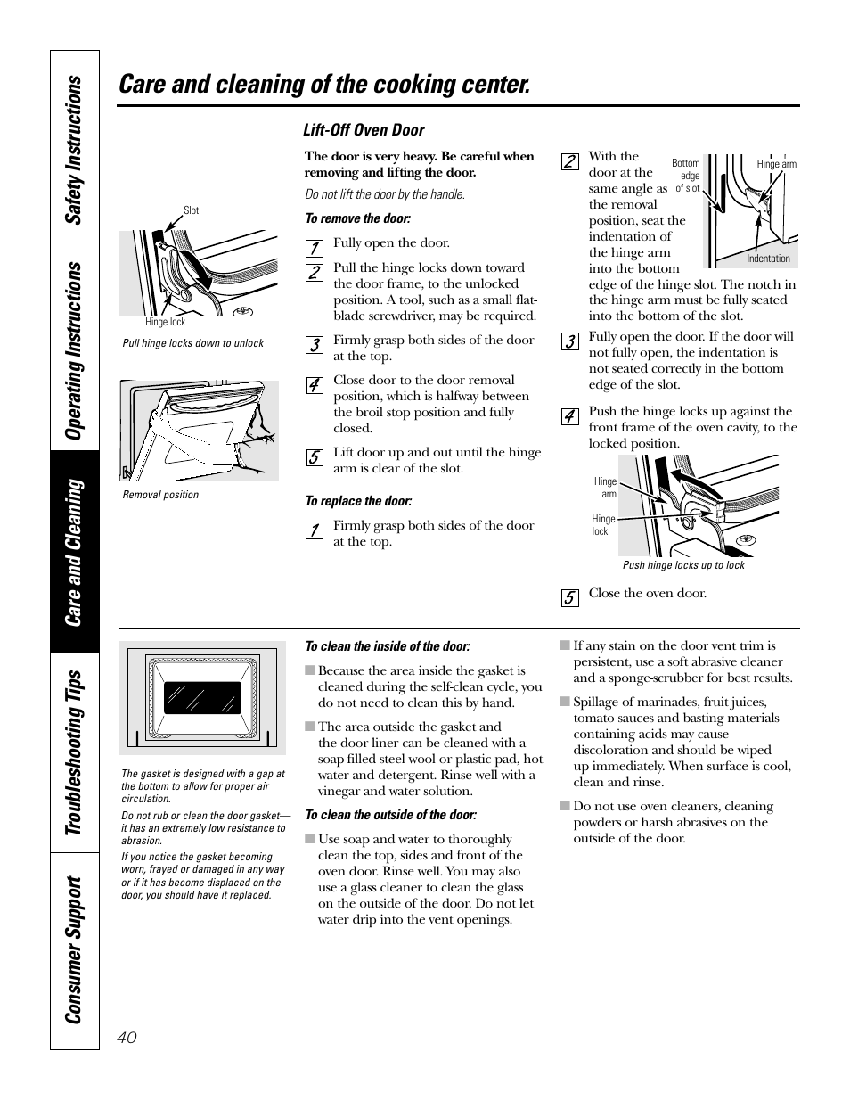 Door, Care and cleaning of the cooking center | GE Monogram JT965 User Manual | Page 40 / 52