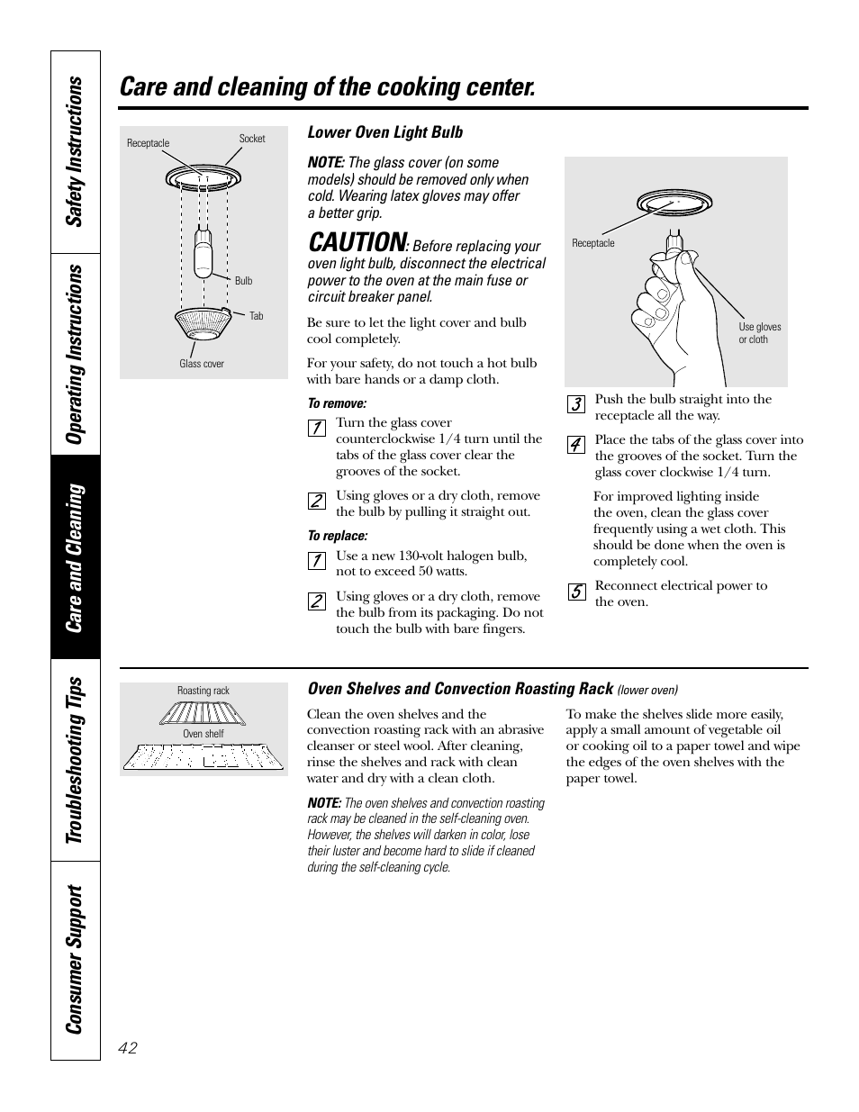 Light bulb, Shelves, Care and cleaning of the cooking center | Caution | GE Monogram JT965 User Manual | Page 42 / 52