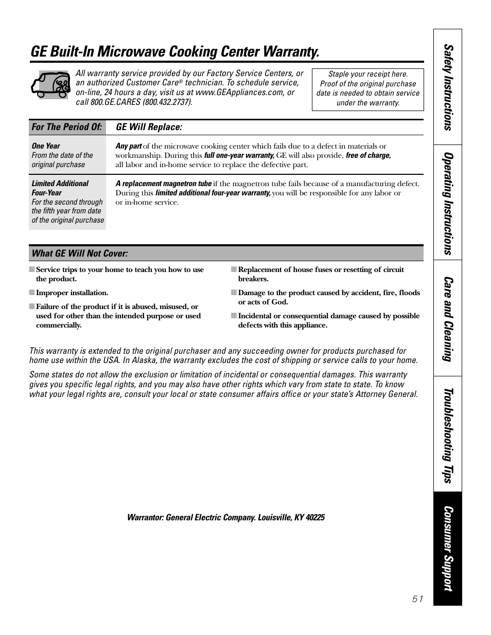 Warranty, Ge built-in microwave cooking center warranty | GE Monogram JT965 User Manual | Page 51 / 52