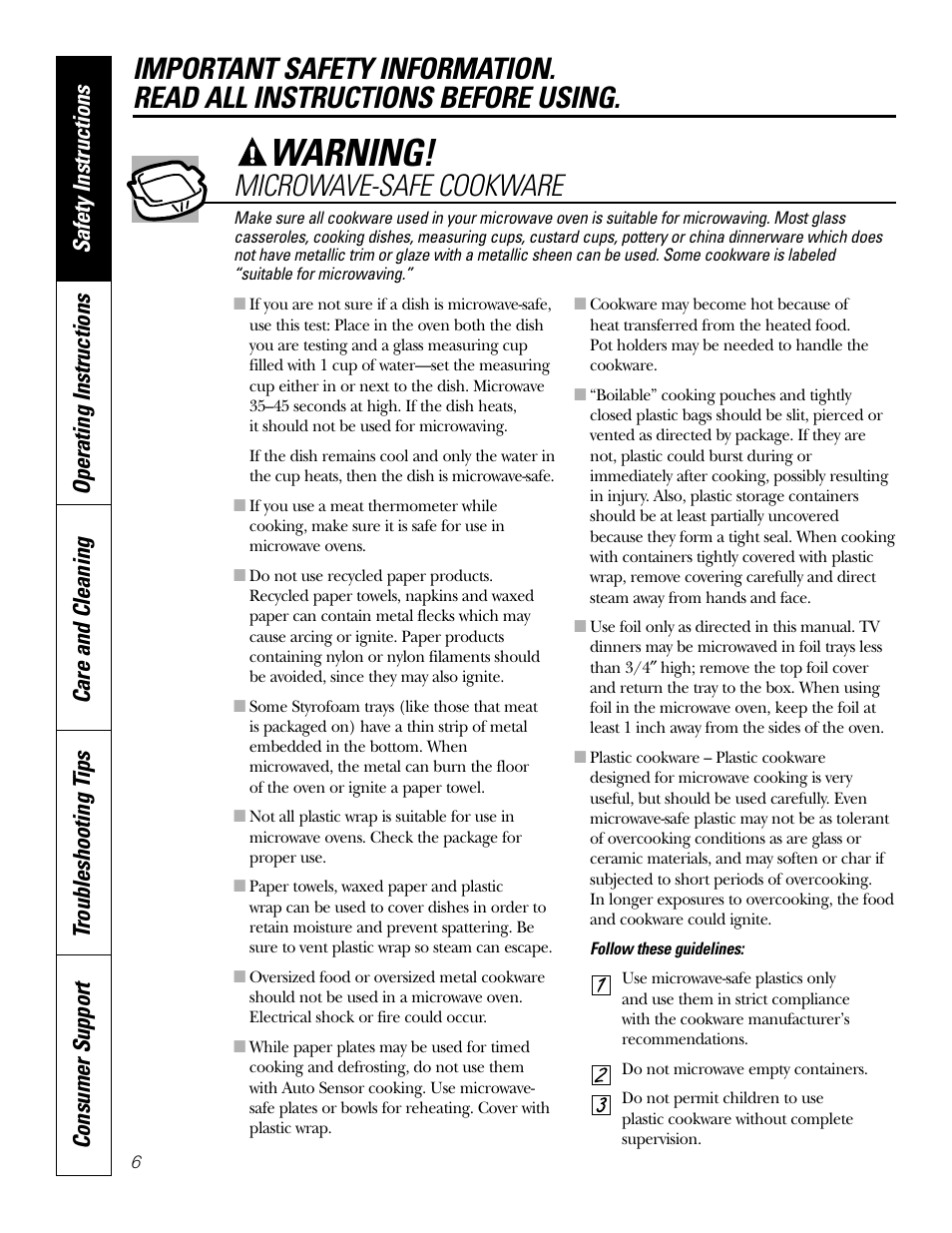 Warning, Microwave-safe cookware | GE Monogram JT965 User Manual | Page 6 / 52