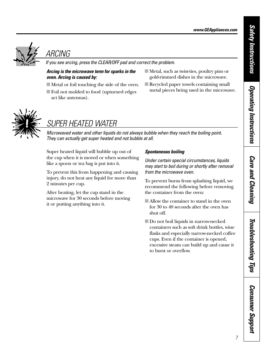 Arcing, Super heated water | GE Monogram JT965 User Manual | Page 7 / 52