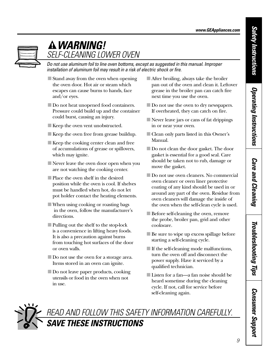 Warning, Self-cleaning lower oven | GE Monogram JT965 User Manual | Page 9 / 52