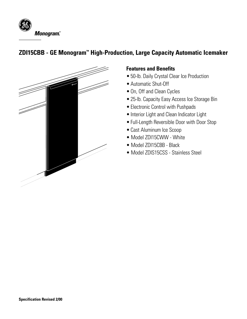 Zdi15cbb - ge monogram, High-production, large capacity automatic icemaker, Monogram | GE Monogram ZDI15CBB User Manual | Page 3 / 3