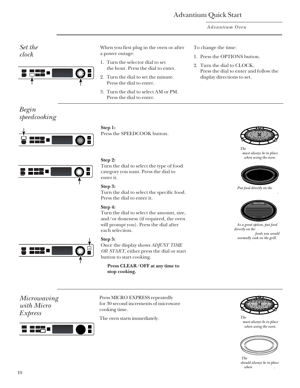 Advantium quick start, Clock, Clock , 32 | Set the clock, Begin speedcooking, Microwaving with micro express, Advantium oven 10, Press clear/off at any time to stop cooking, Repeat last oven light recipe | GE Monogram Advantium Built-In Ovens User Manual | Page 10 / 44