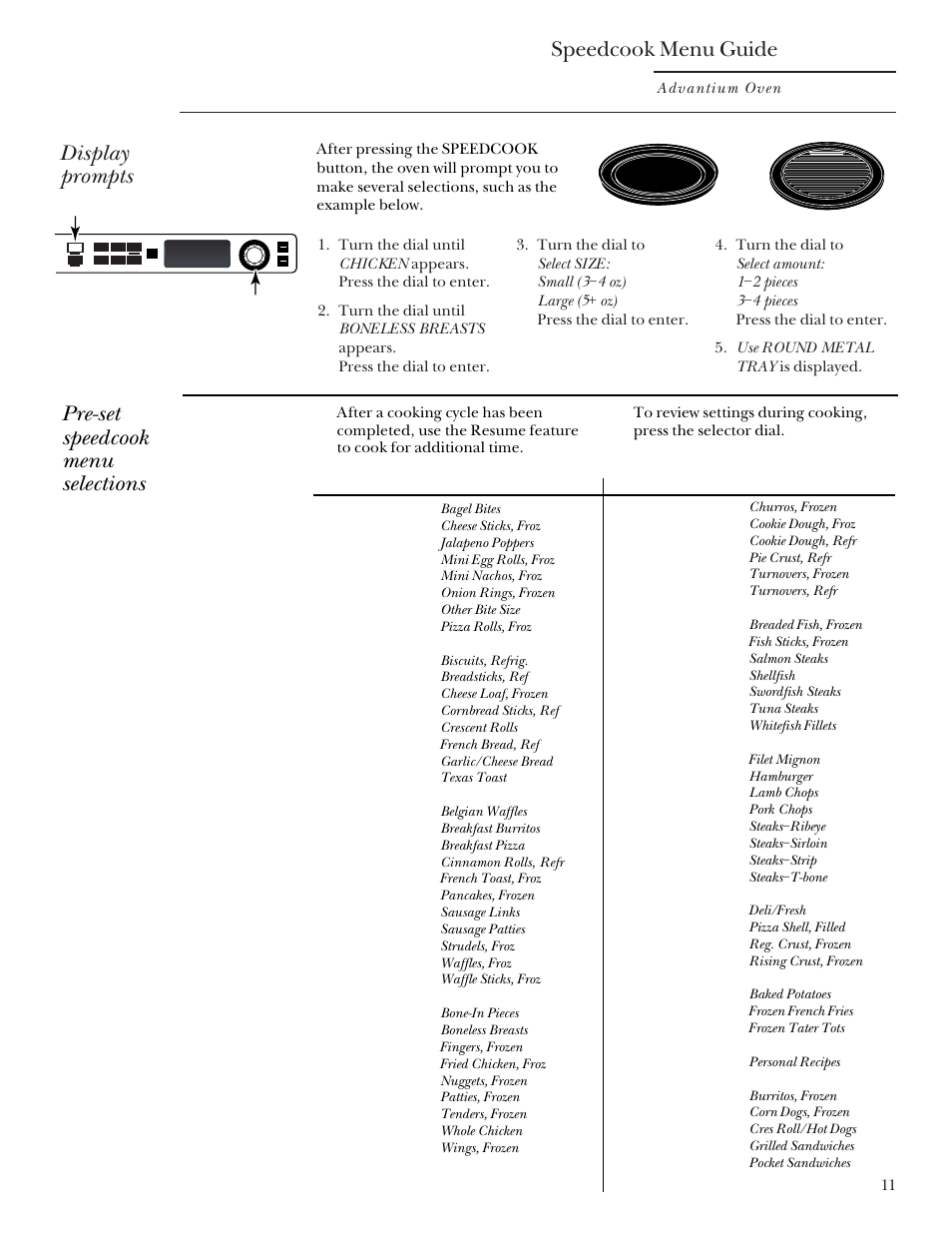 Speedcook menu guide, Micro express, Micro express , 23 | Display prompts, Pre-set speedcook menu selections, Advantium oven | GE Monogram Advantium Built-In Ovens User Manual | Page 11 / 44