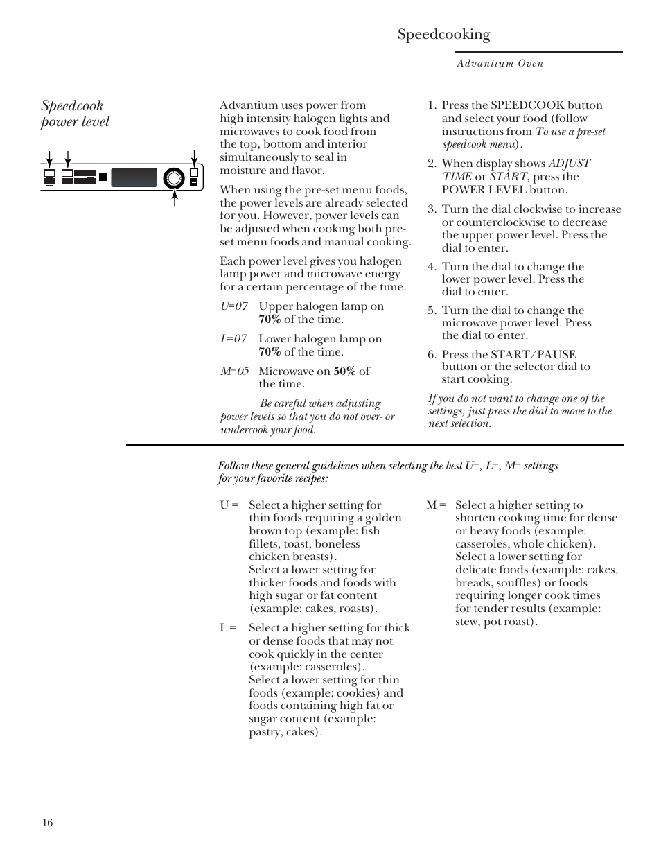 Power level, Speedcooking, Speedcook power level | Advantium oven | GE Monogram Advantium Built-In Ovens User Manual | Page 16 / 44