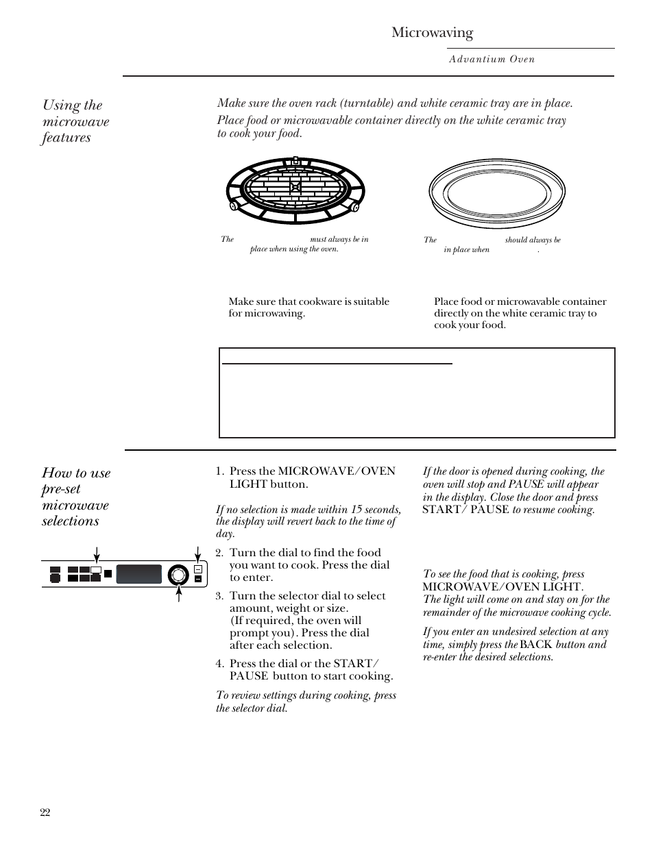 Using pre-set microwave selections, Microwaving, Using the microwave features | How to use pre-set microwave selections, Cookware, Advantium oven | GE Monogram Advantium Built-In Ovens User Manual | Page 22 / 44