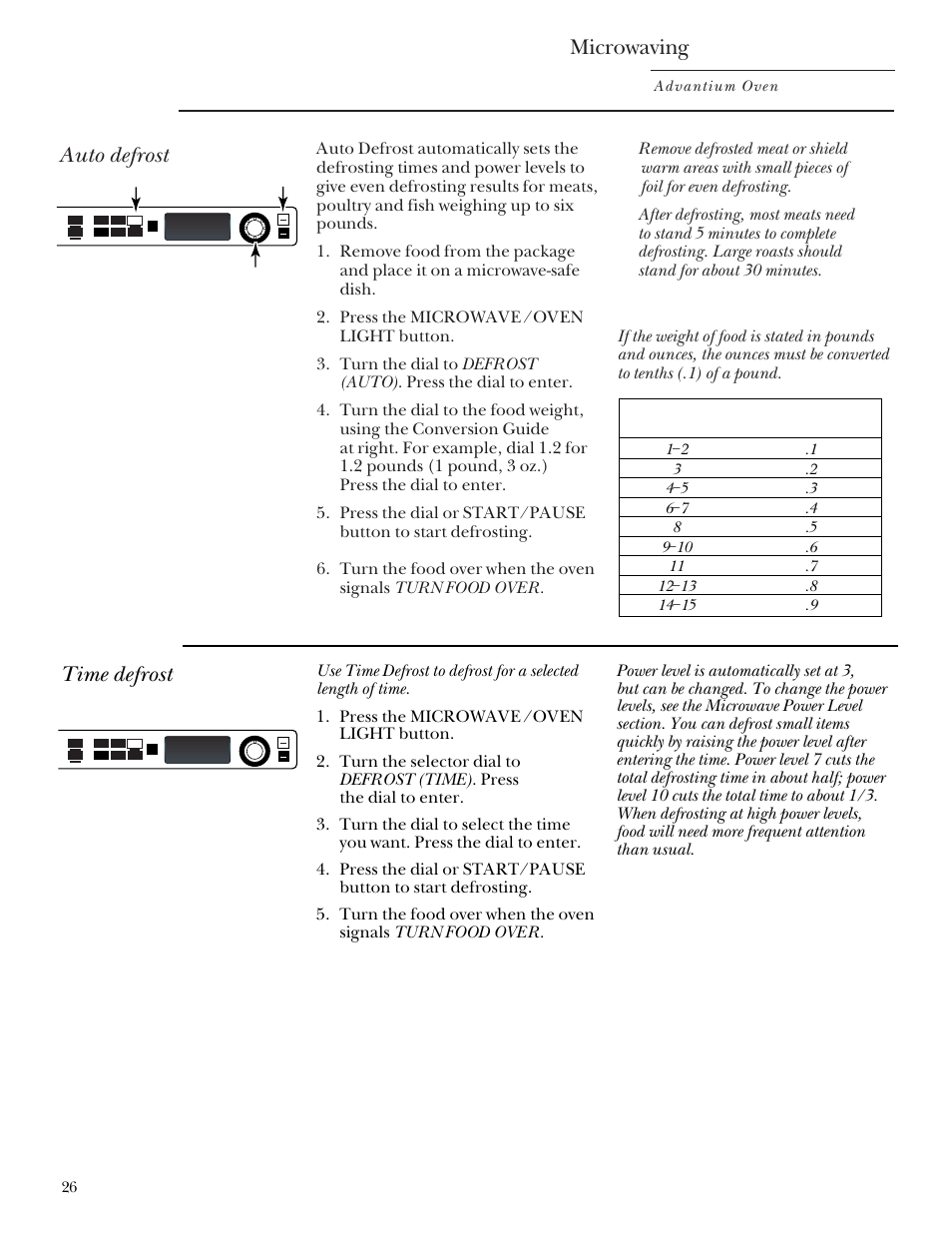 Defrost (auto), Defrost (time), Defrost (auto) defrost (time) | Microwaving, Auto defrost, Time defrost, Advantium oven, Repeat last oven light recipe | GE Monogram Advantium Built-In Ovens User Manual | Page 26 / 44
