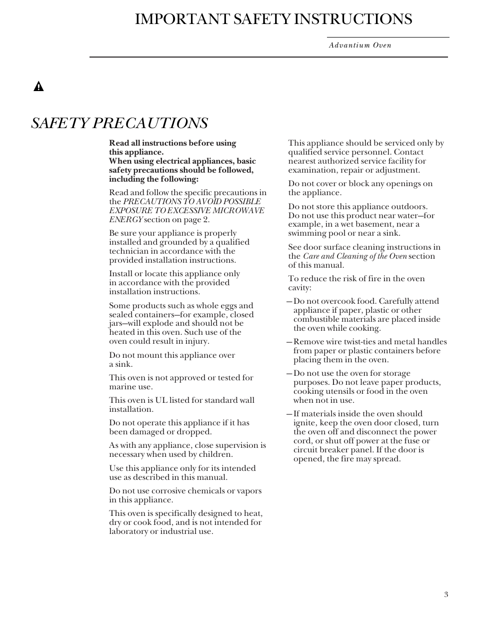 Safety, Safety –7, Warning! important safety instructions | Safety precautions | GE Monogram Advantium Built-In Ovens User Manual | Page 3 / 44