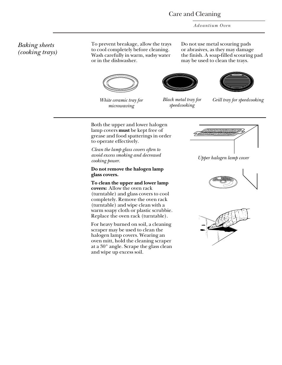 Lamp covers, Care and cleaning, Baking sheets (cooking trays) | GE Monogram Advantium Built-In Ovens User Manual | Page 36 / 44