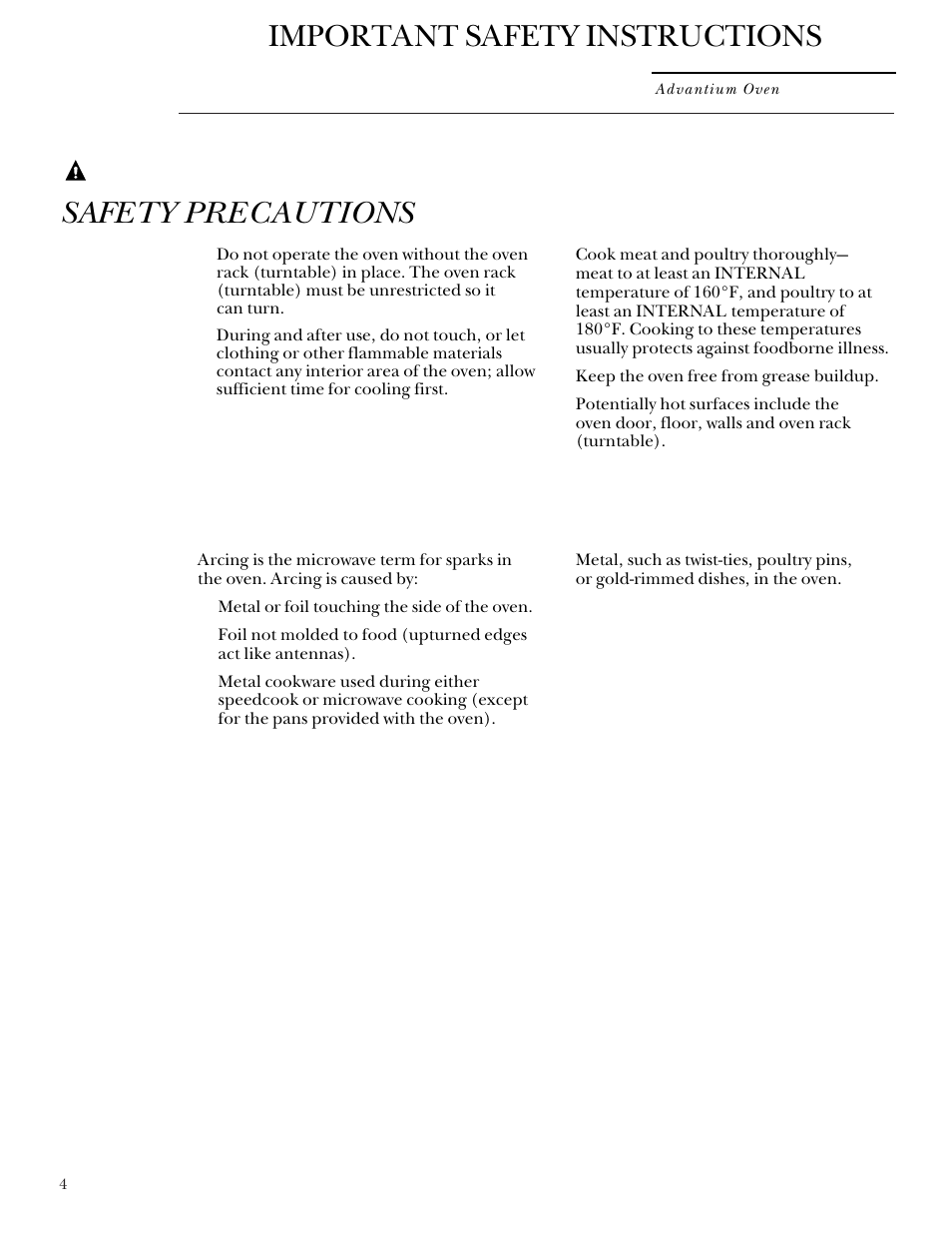 Warning, Important safety instructions, Safety precautions | GE Monogram Advantium Built-In Ovens User Manual | Page 4 / 44