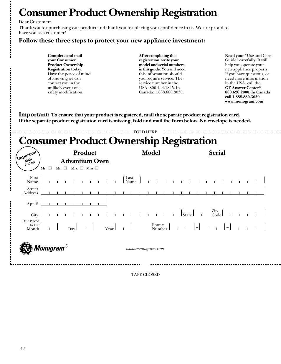 Consumer product ownership registration | GE Monogram Advantium Built-In Ovens User Manual | Page 42 / 44
