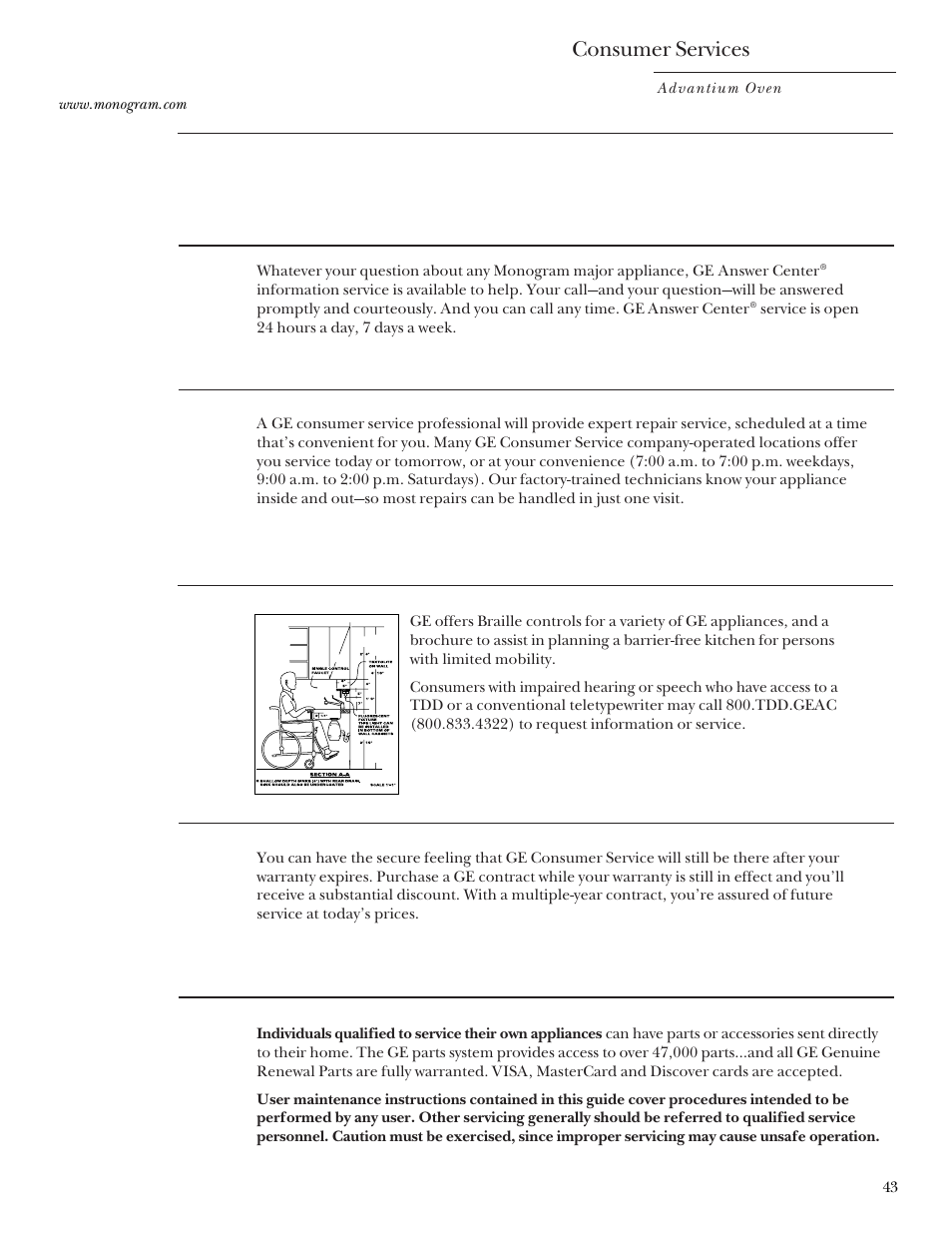 Service phone numbers | GE Monogram Advantium Built-In Ovens User Manual | Page 43 / 44
