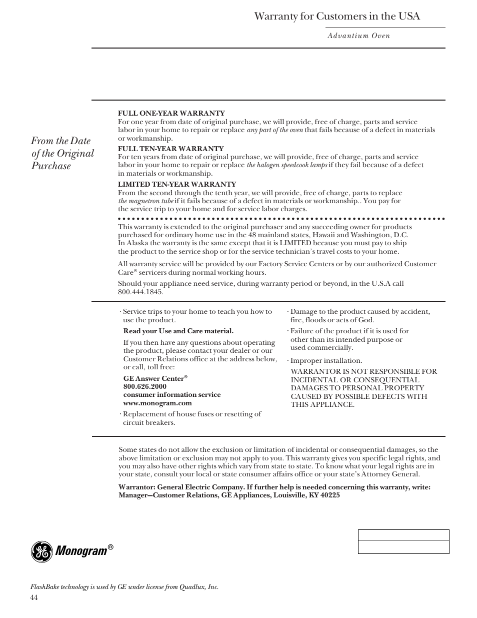 Warranty, Monogram, Warranty for customers in the usa | What is not covered | GE Monogram Advantium Built-In Ovens User Manual | Page 44 / 44