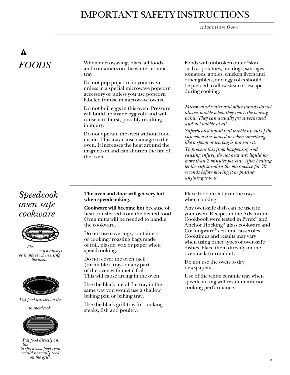 Speedcook-safe cookware, Warning, Important safety instructions | Foods speedcook oven-safe cookware | GE Monogram Advantium Built-In Ovens User Manual | Page 5 / 44