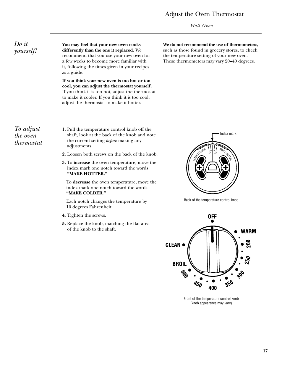 Adjust the oven thermostat, Do it yourself, Wall oven 17 | GE Monogram 30 Wall Oven User Manual | Page 17 / 32
