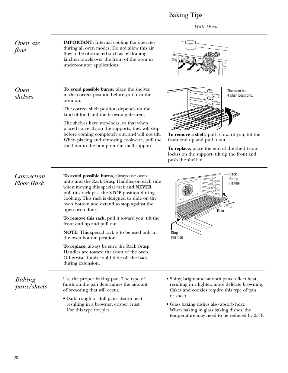 Baking pans/sheets, Convection floor rack, Baking tips | Oven shelves, Oven air flow | GE Monogram 30 Wall Oven User Manual | Page 20 / 32