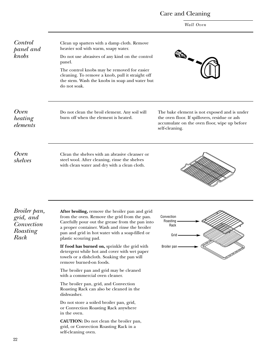 Care and cleaning, Broiler pan, grid, and convection roasting rack, Shelves | Control panel and knobs, Oven heating elements, Oven shelves | GE Monogram 30 Wall Oven User Manual | Page 22 / 32
